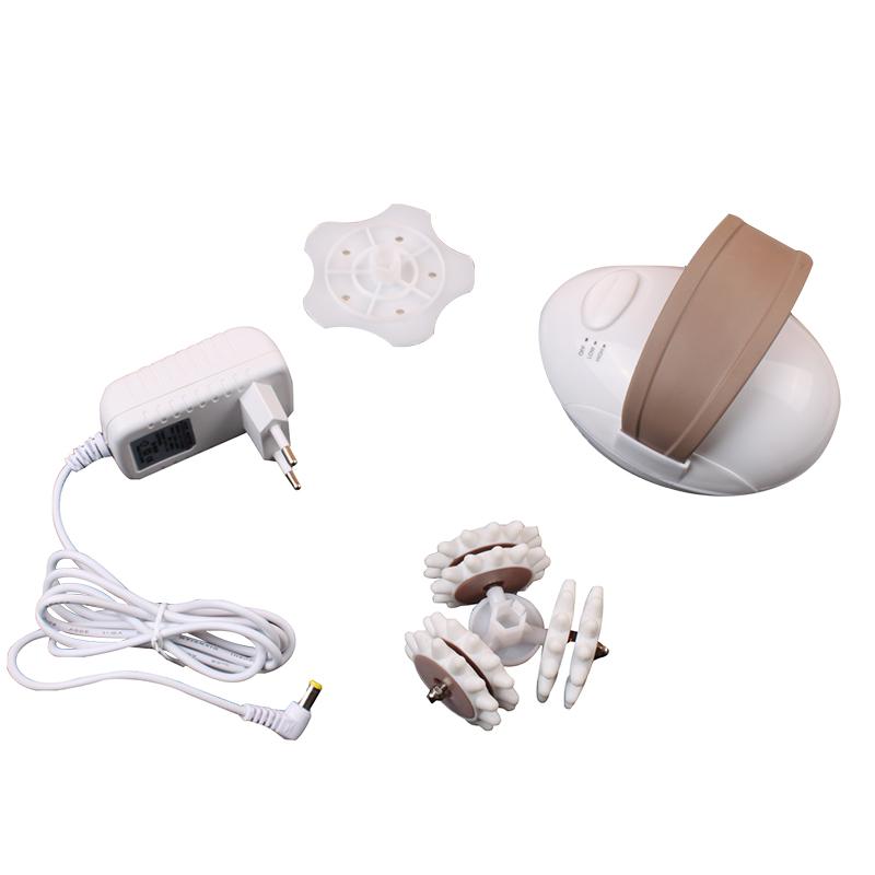 3D electric body massager with three interchangeable heads, power adapter, and carrying pouch on a warm travertine surface