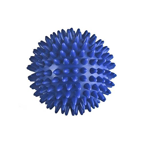 Bright cobalt blue spiky massage ball on white background, showing full spherical shape and pronounced texture