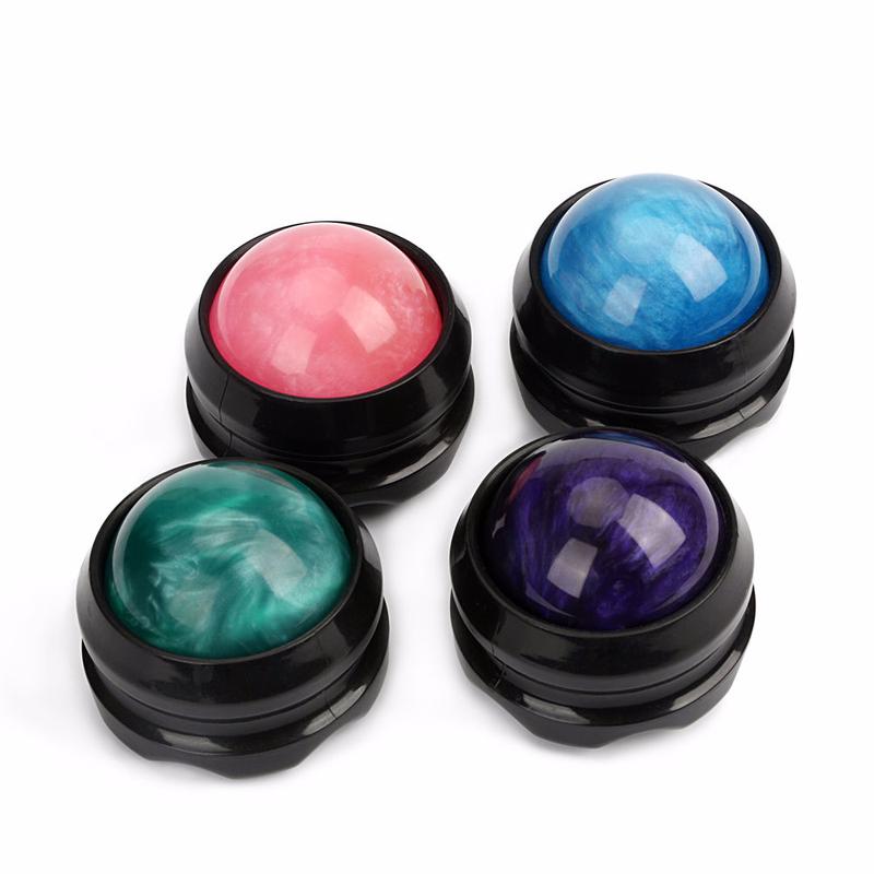 Blue massage roller ball with black rubberized grip base close-up showing textured design and gel dome
