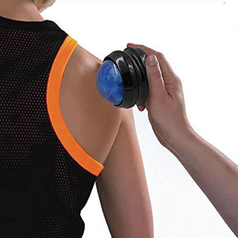 Four massage balls in coral, blue, green, purple arranged on white background showing color options
