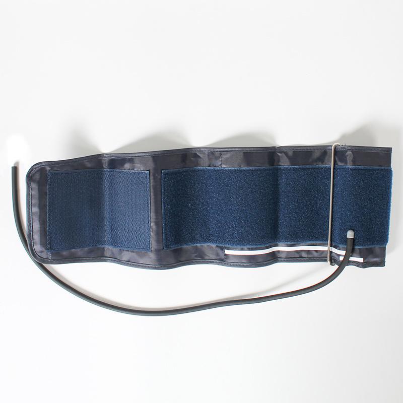 Blue and navy nylon blood pressure cuff fully extended showing adjustable design
