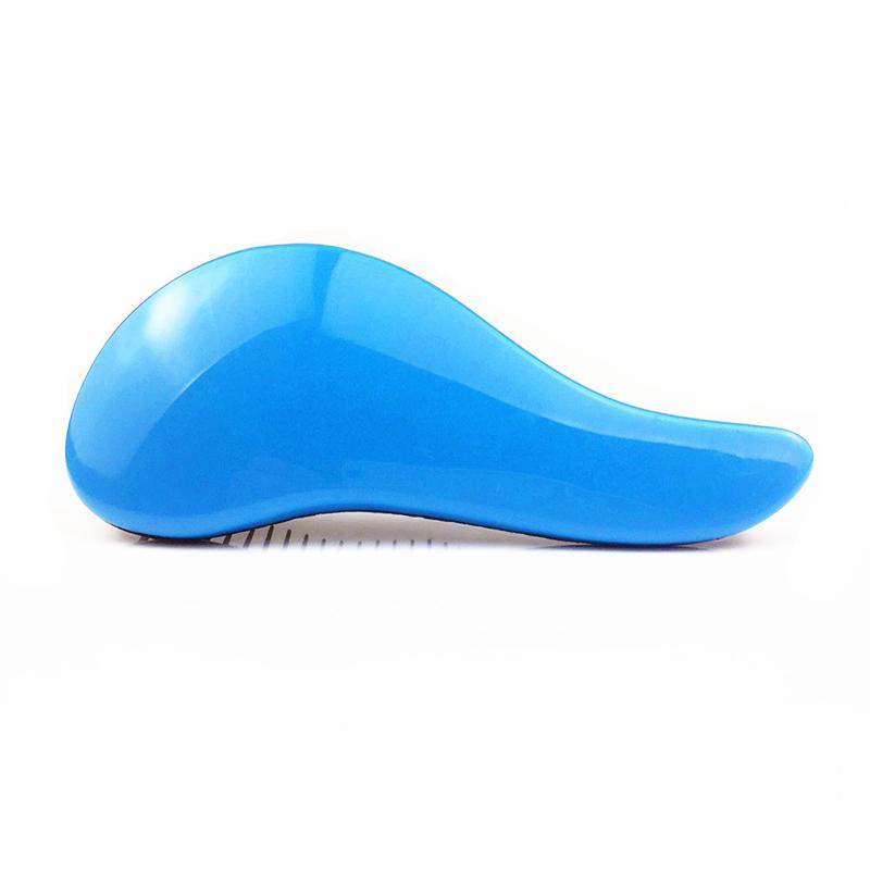 Sky blue ergonomic hair brush shown in profile