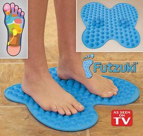 Futzuki branding with AS SEEN ON TV badge and instructional foot zone mapping diagram, highlighting therapeutic reflexology zones
