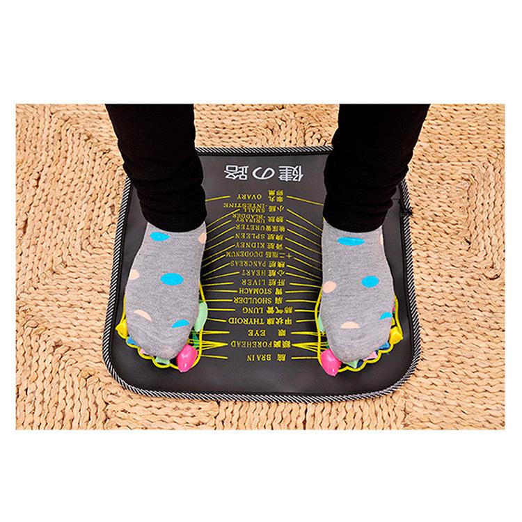 Person standing on reflexology mat in home setting, illustrating daily self-care