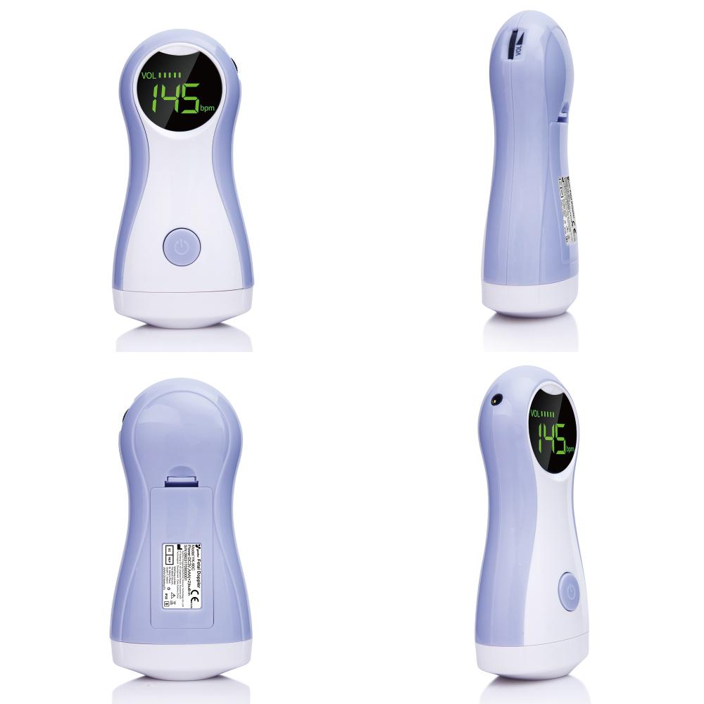 Hand holding the Yongrow doppler device, preparing to listen to the fetal heartbeat at home