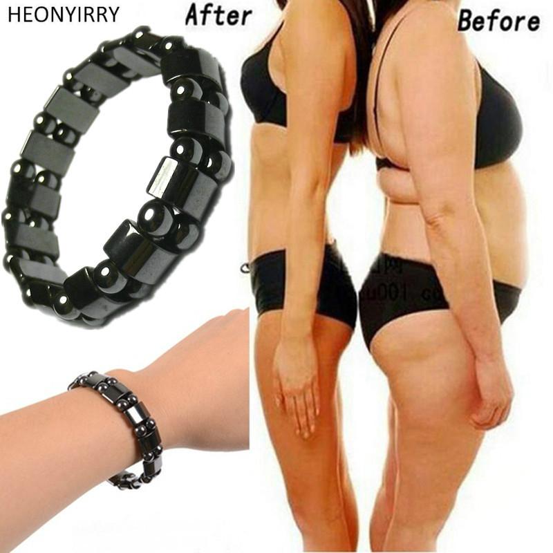 Before‑after comparison showing female body transformation with bracelet worn on wrist, and separate male torso showing muscular results