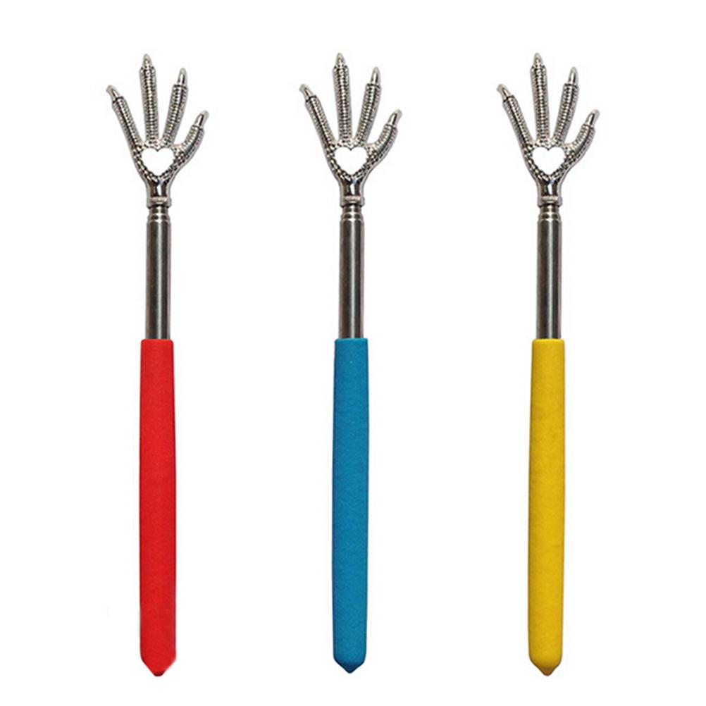 Close-up of three back scratchers displaying the five-prong stainless steel claw heads and full-length handles