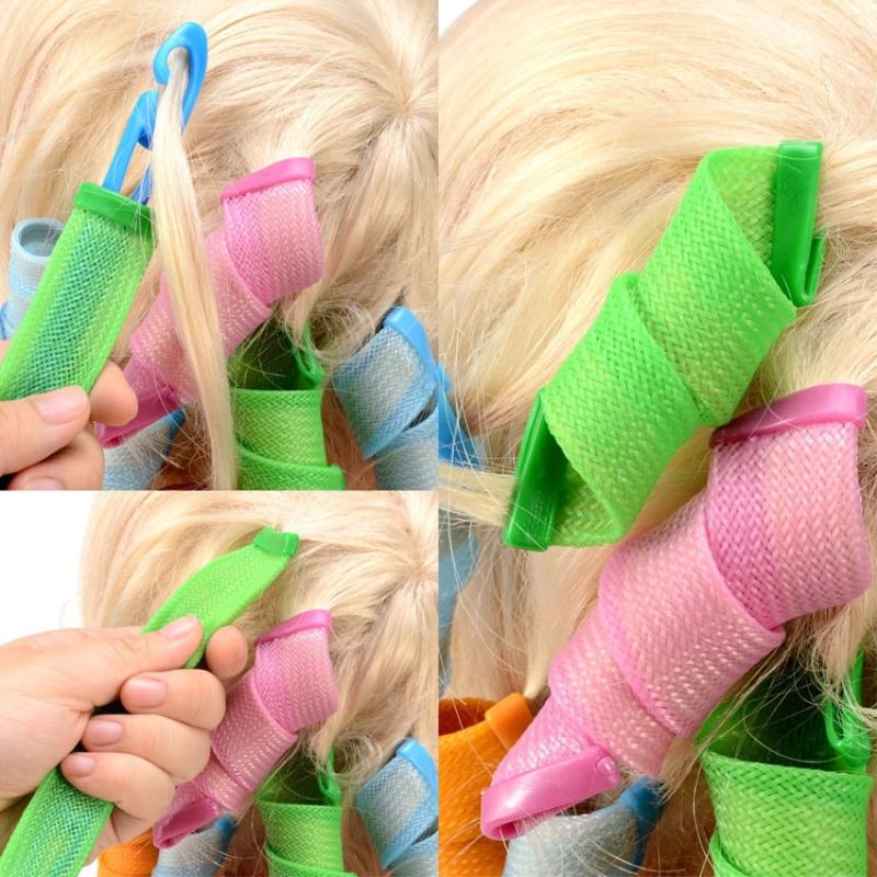 Colorful rollers shaping blonde hair without heated tools