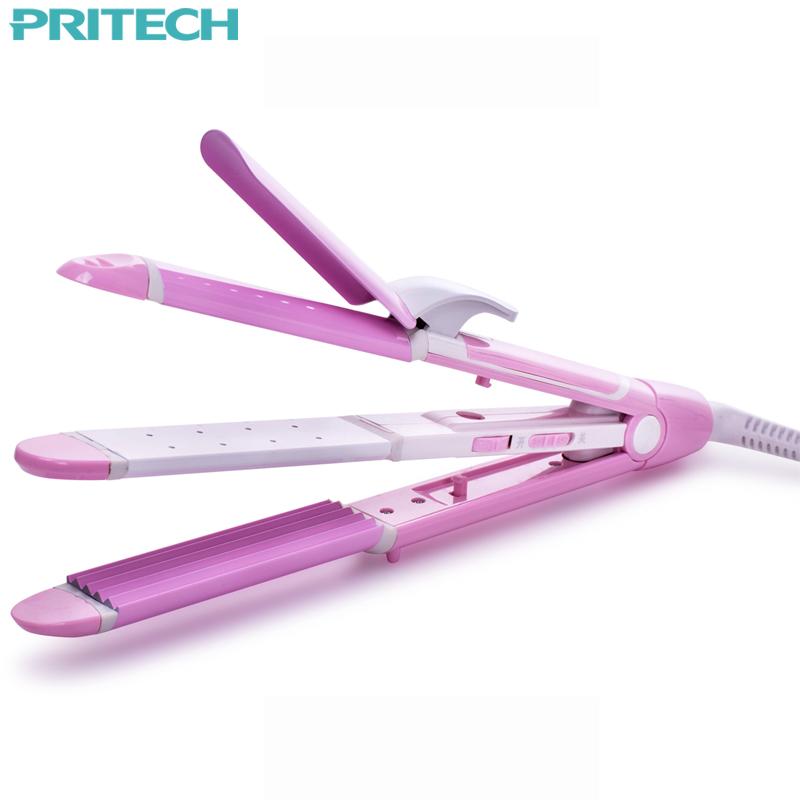 Angled pink hair styler showing hinged clamp handle