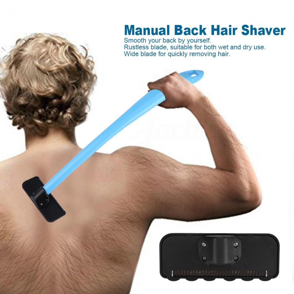 Long blue handle reaching across a user's back