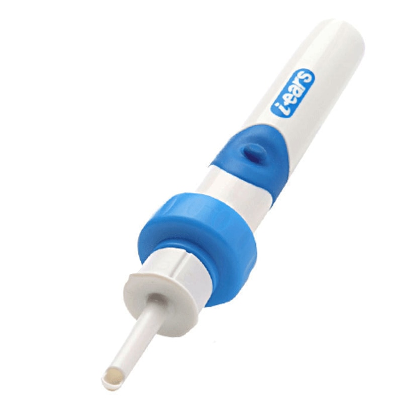 Full assembled electric ear cleaner with white barrel, blue grip sections and interchangeable tip head on light surface