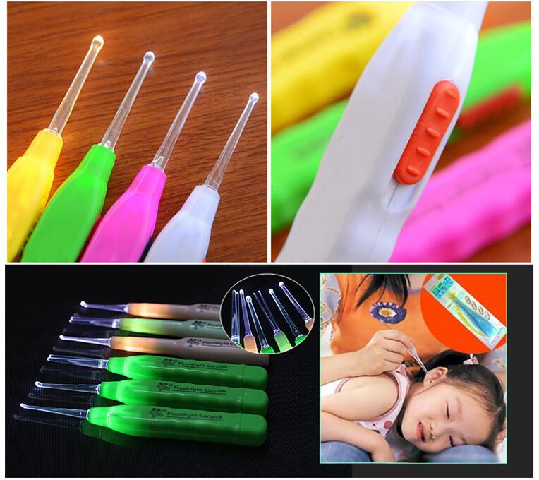 Four colorful LED ear cleaners displayed on a bright surface, showing hot pink, lime green, yellow, and lavender variants with translucent silicone tips