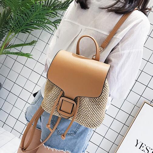 Women Backpacks Straw Shoulder bag Leisure Beach Splicing Backpack Teenage Girl Quality Travel Books