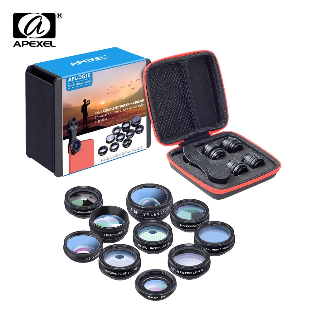 APEXEL Phone lens kit universal 10 in 1 Fisheye Wide Angle macro Lens CPL Filter Kaleidoscope+2X