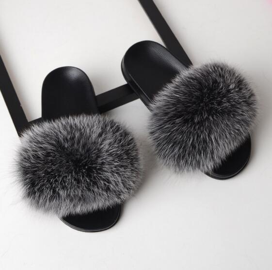 Women Flat Non-slip Solid Fox Fur Slides Real Fox hair Slides Slippers image 5