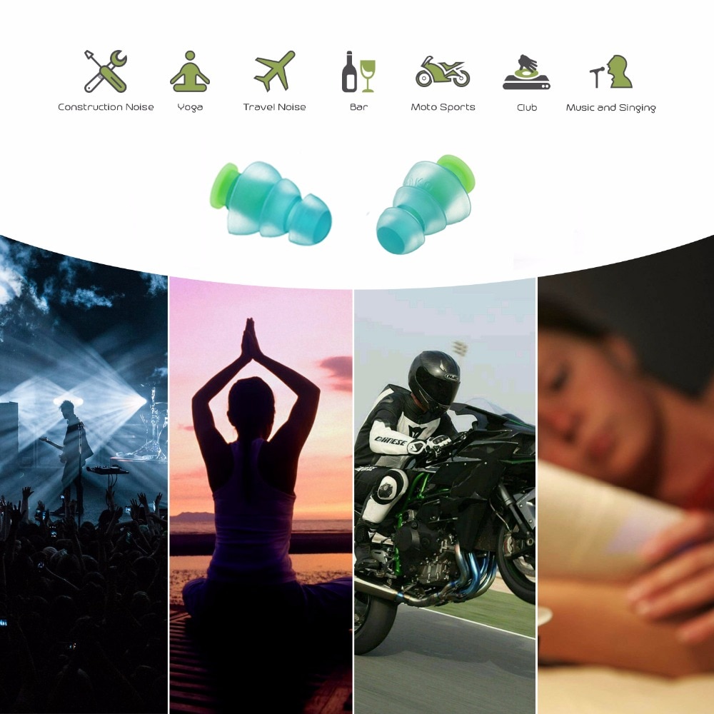 Left image shows sound waves entering ear; right image shows peaceful person sleeping