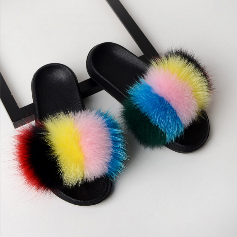 Women Flat Non-slip Solid Fox Fur Slides Real Fox hair Slides Slippers image 23