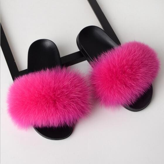 Women Flat Non-slip Solid Fox Fur Slides Real Fox hair Slides Slippers image 16