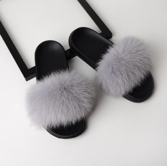 Women Flat Non-slip Solid Fox Fur Slides Real Fox hair Slides Slippers image 19