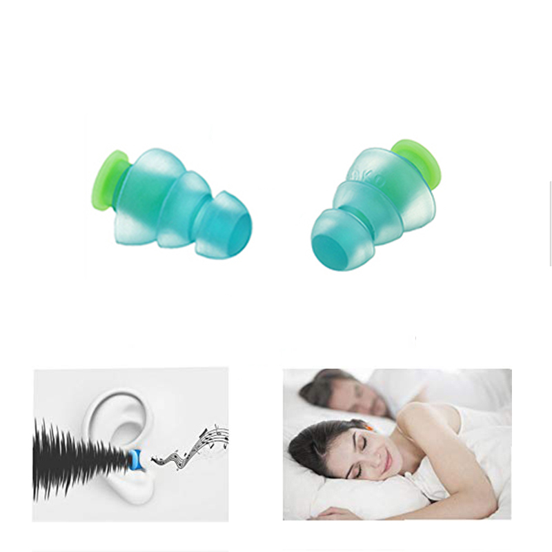 Two turquoise silicone ear plugs with neon green flanges shown from multiple angles on a clean light background