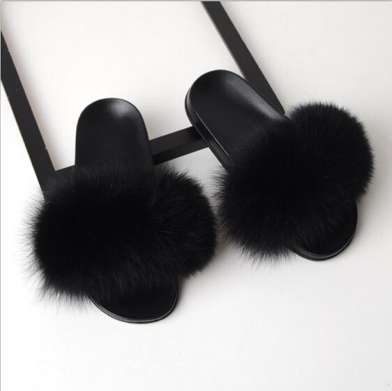 Women Flat Non-slip Solid Fox Fur Slides Real Fox hair Slides Slippers image 21