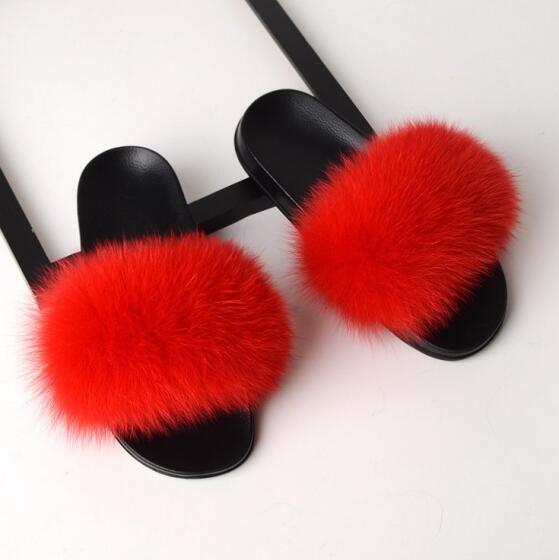 Women Flat Non-slip Solid Fox Fur Slides Real Fox hair Slides Slippers image 20