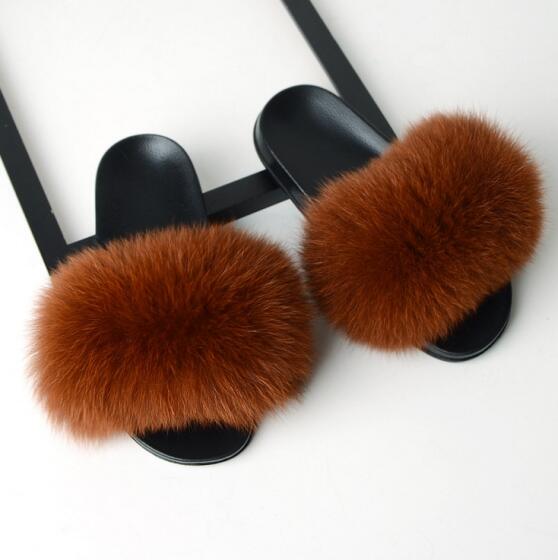Women Flat Non-slip Solid Fox Fur Slides Real Fox hair Slides Slippers image 10