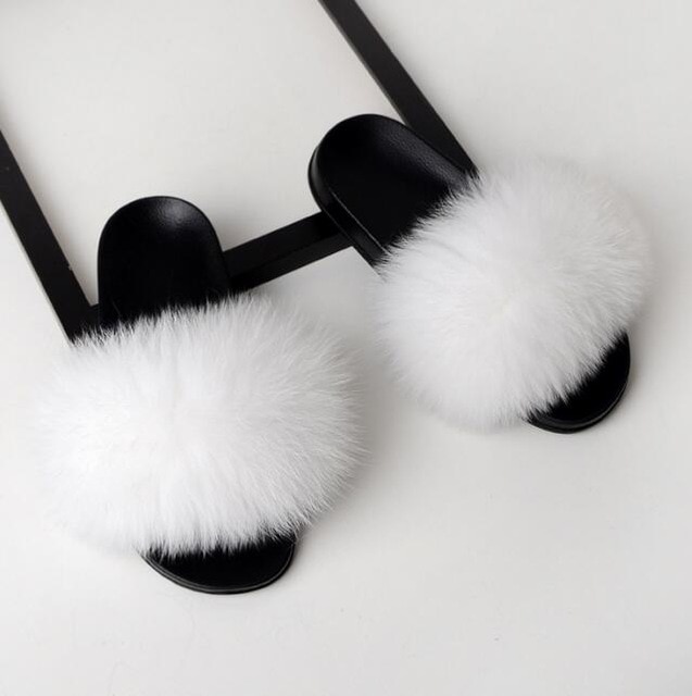 Women Flat Non-slip Solid Fox Fur Slides Real Fox hair Slides Slippers image 7