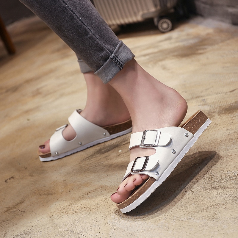 Beach Shoes Cork Slippers Casual Metal Double Buckle Womens Flip Flops image 7