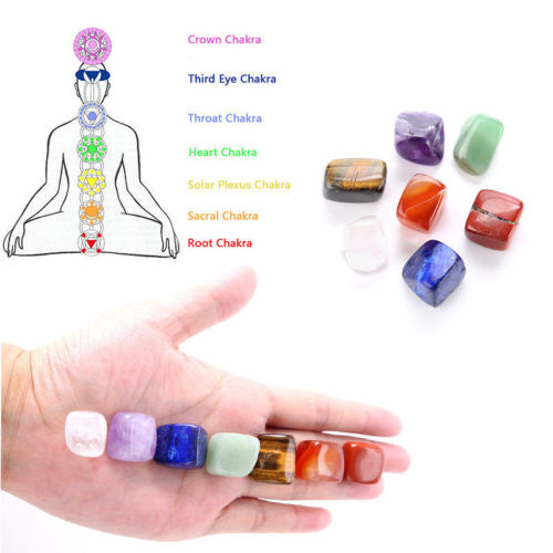 A hand holding a chakra stone next to a diagram of the seven chakras