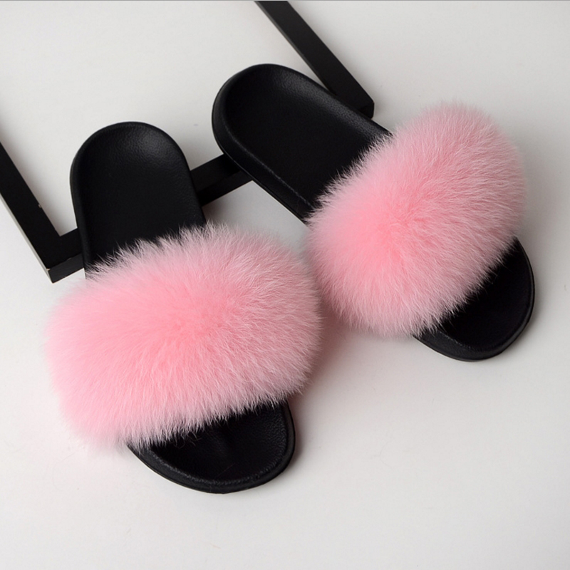 Women Flat Non-slip Solid Fox Fur Slides Real Fox hair Slides Slippers image 24