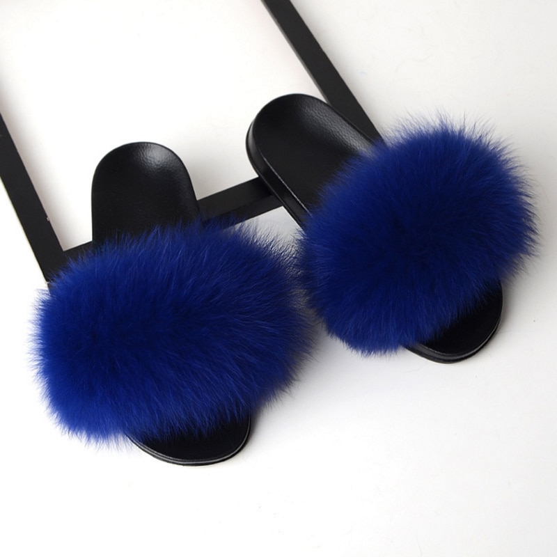 Women Flat Non-slip Solid Fox Fur Slides Real Fox hair Slides Slippers image 27