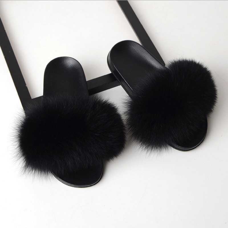 Women Flat Non-slip Solid Fox Fur Slides Real Fox hair Slides Slippers