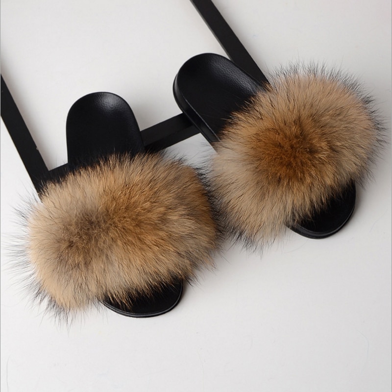 Women Flat Non-slip Solid Fox Fur Slides Real Fox hair Slides Slippers image 26