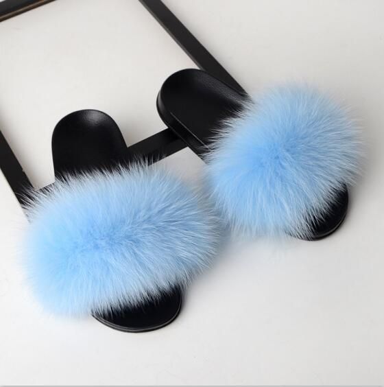 Women Flat Non-slip Solid Fox Fur Slides Real Fox hair Slides Slippers image 17