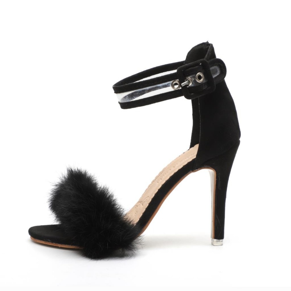 Women Pumps Snake Black High Thin Heels Ankle Strap Platform Faux Fluffy Rabbit Fur Woman Sandal Party Wedding Lady Shoes image 5