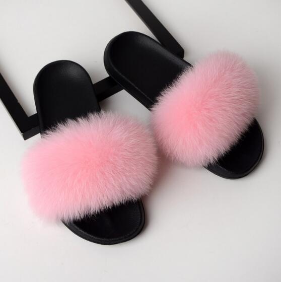 Women Flat Non-slip Solid Fox Fur Slides Real Fox hair Slides Slippers image 8