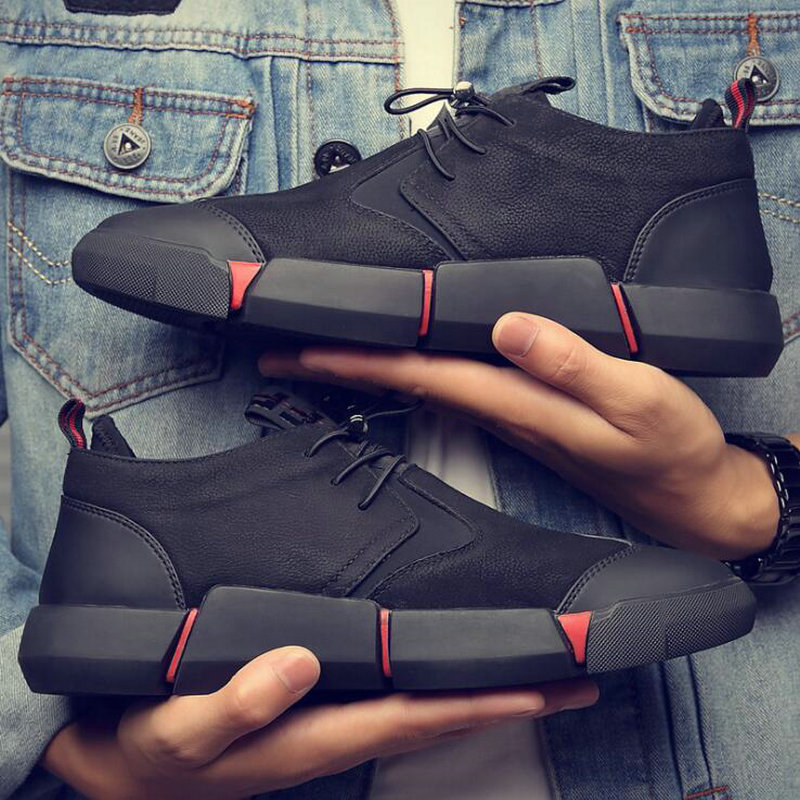 Black Men's Leather Casual Shoes Breathable Sneakers