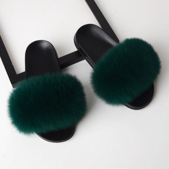 Women Flat Non-slip Solid Fox Fur Slides Real Fox hair Slides Slippers image 4