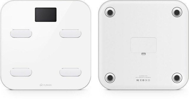 Front and back views of white scale showing LCD display and four metal electrode pads with FCC certification