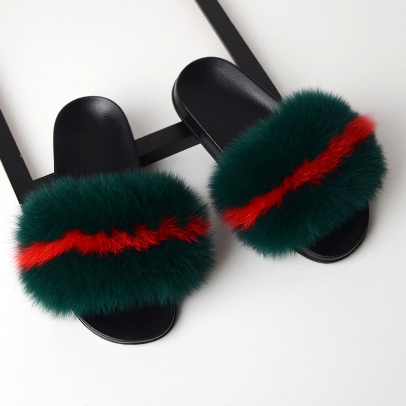 Women Flat Non-slip Solid Fox Fur Slides Real Fox hair Slides Slippers image 25