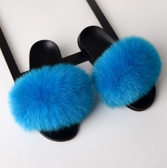 Women Flat Non-slip Solid Fox Fur Slides Real Fox hair Slides Slippers image 22