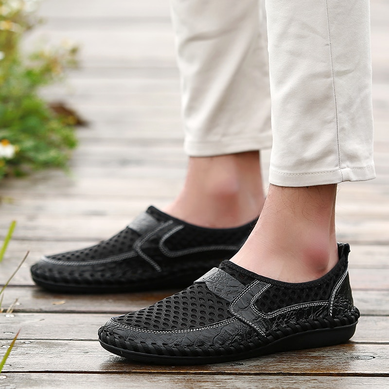 Breathable Mesh Shoes Italy Loafers Mens Casual Shoes Genuine Leather Slip On Brand Shoes Man image 5