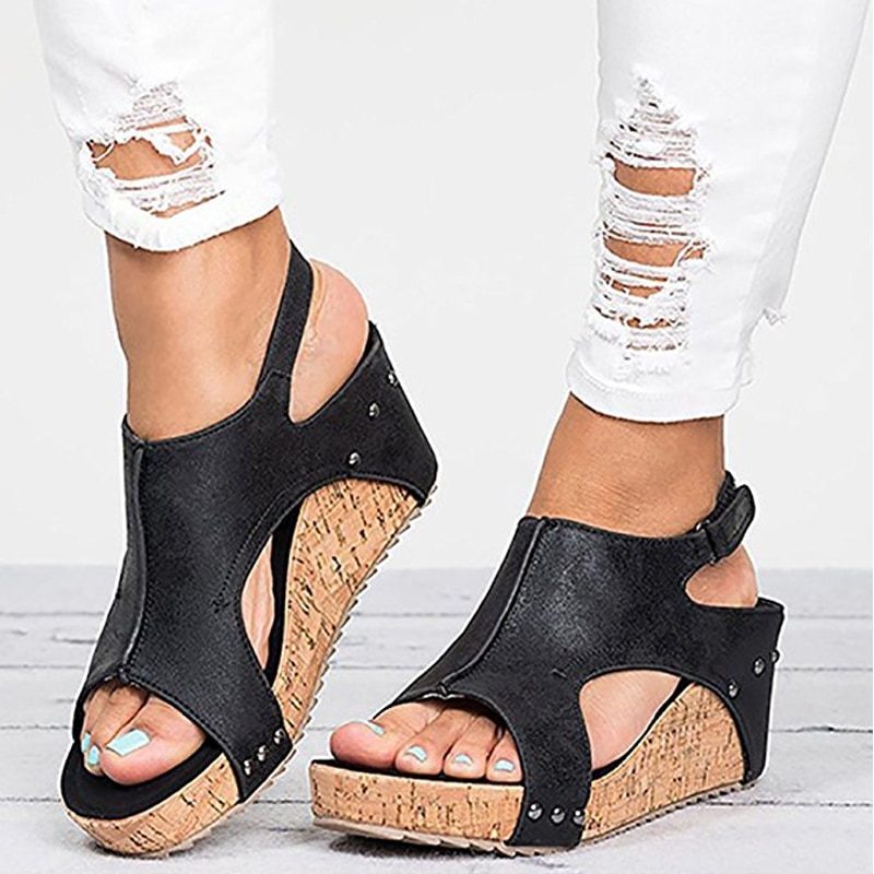 Buzzyfuzzy 2018 Women's Sandals Peep Toe PU Belt Buckle Blocking Hook-Loop Wedges Sandals Summer Shoes image 5