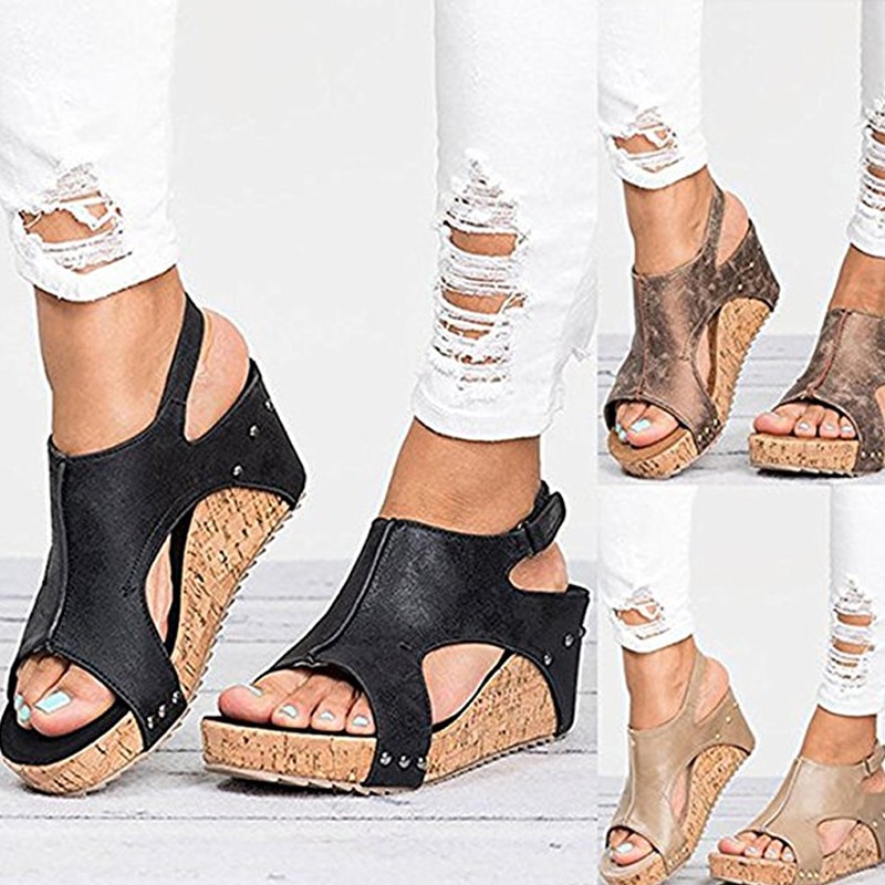 Buzzyfuzzy 2018 Women's Sandals Peep Toe PU Belt Buckle Blocking Hook-Loop Wedges Sandals Summer Shoes