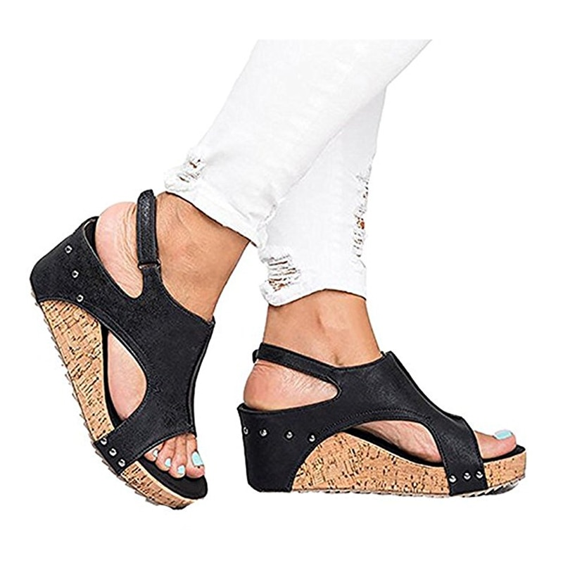 Buzzyfuzzy 2018 Women's Sandals Peep Toe PU Belt Buckle Blocking Hook-Loop Wedges Sandals Summer Shoes