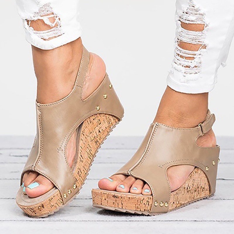 Buzzyfuzzy 2018 Women's Sandals Peep Toe PU Belt Buckle Blocking Hook-Loop Wedges Sandals Summer Shoes image 4