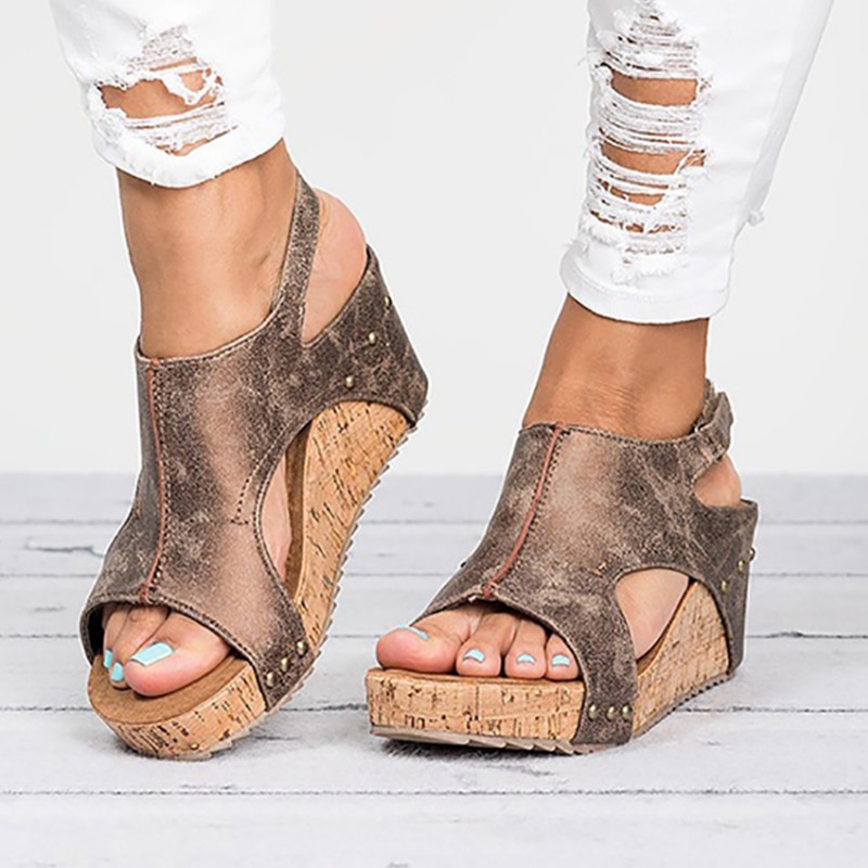 Buzzyfuzzy 2018 Women's Sandals Peep Toe PU Belt Buckle Blocking Hook-Loop Wedges Sandals Summer Shoes image 3