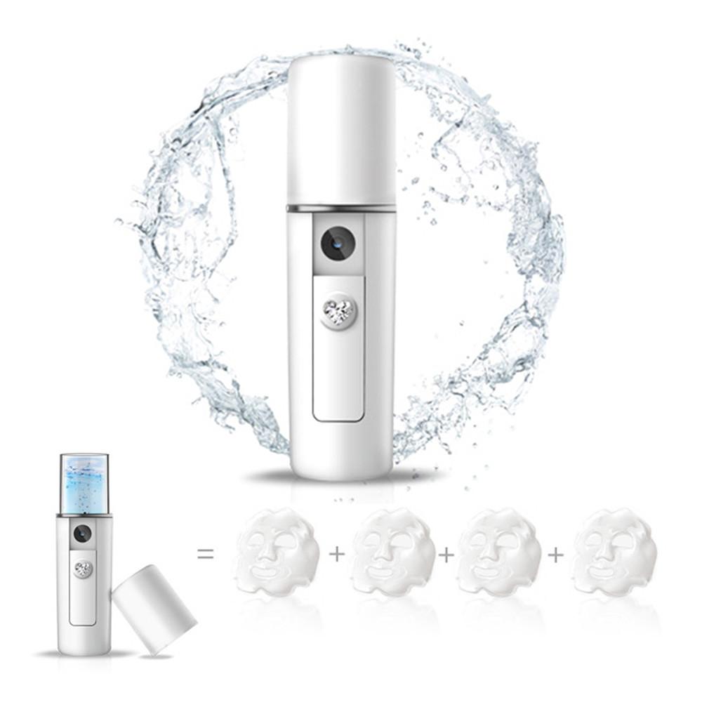 Product with circular water splash halo and four face masks below, illustrating the value proposition of one steamer replacing multiple mask sessions.