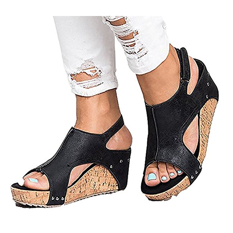 Buzzyfuzzy 2018 Women's Sandals Peep Toe PU Belt Buckle Blocking Hook-Loop Wedges Sandals Summer Shoes image 6